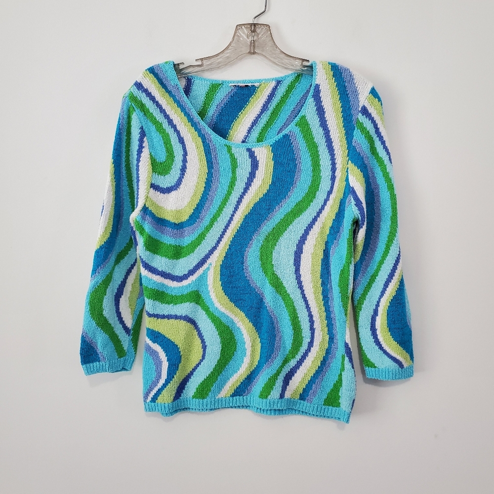 Abstract Colorful Y2K 3/4 Sleeve Boucle Knit Swirl Design Sweater Sz S Artsy